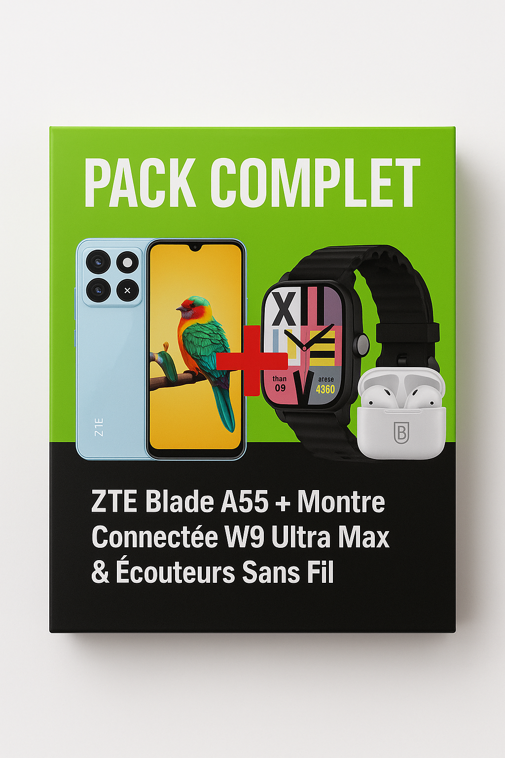Pack Complet ZTE Blade A55 + Montre Connectée W9 Ultra Max & Écouteurs Sans Fil