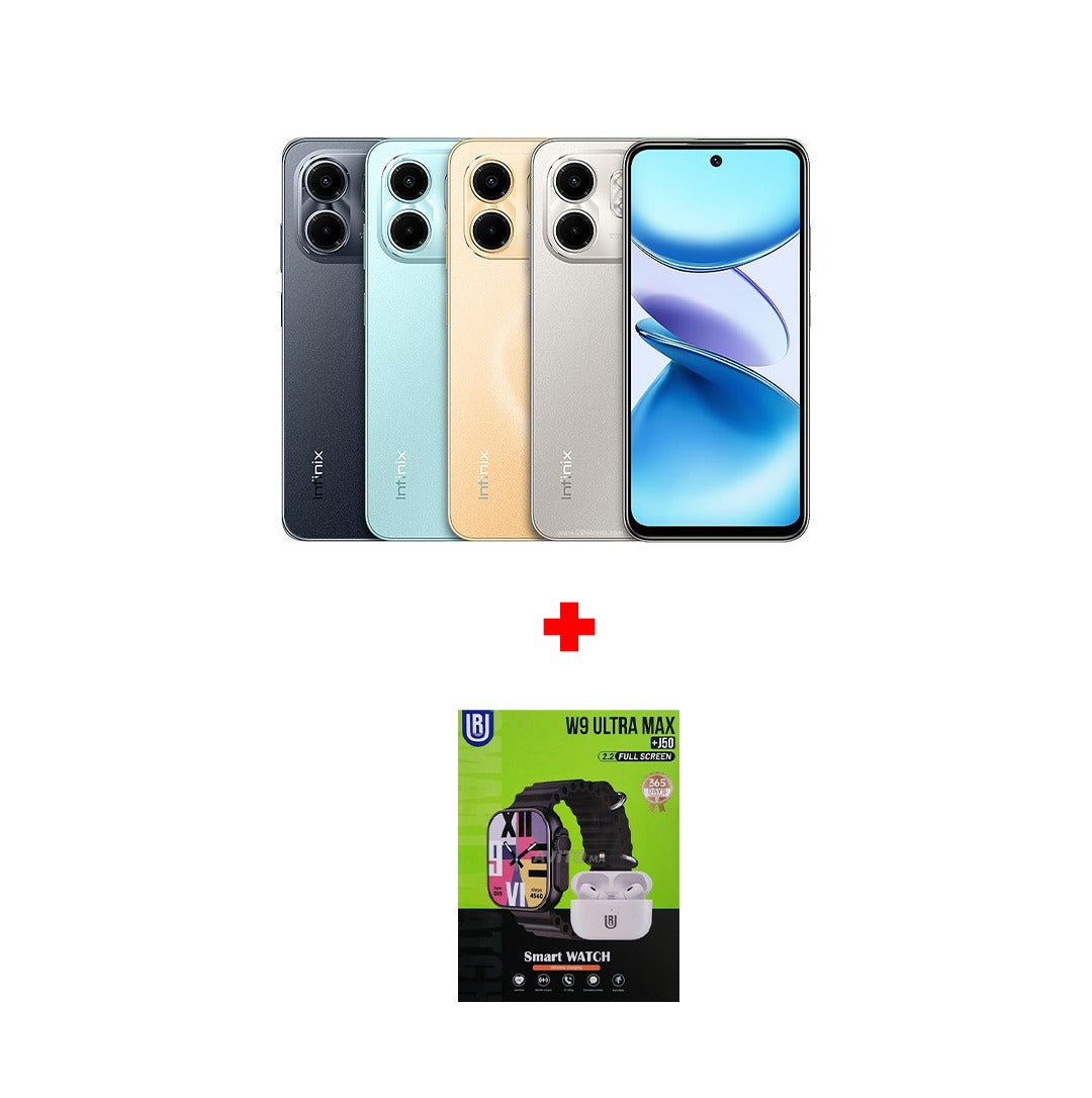 Pack Smartphone Infinix Smart 9 + Pack 2 en 1 Montre connectée W9 Ultra Max et Écouteurs sans fil